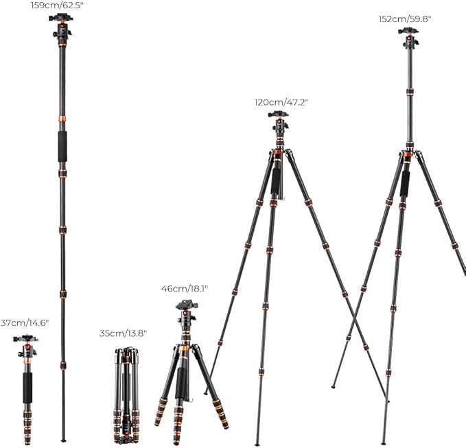 K&F Concept 60 inch Carbon Fiber Camera Tripod,Lightweight Compact Tripod with 360 Degree Ball Head,Quick Release Plate,Detachable Monopod 8KG Load Capacity for SLR DSLR C225C0+BH-25 (BA225) K&F Concept 60 inch Carbon Fiber Camera Tripod,Lightweight Compact Tripod with 360 Degree Ball Head,Quick Release Plate,Detachable Monopod 8KG Load Capacity for SLR DSLR C225C0+BH-25 (BA225)